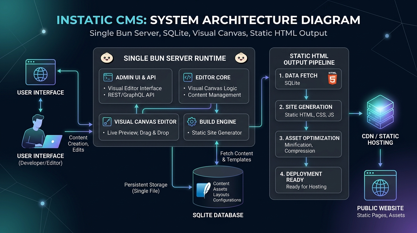 Instatic CMS Bun Architecture and Static Compiler Diagram