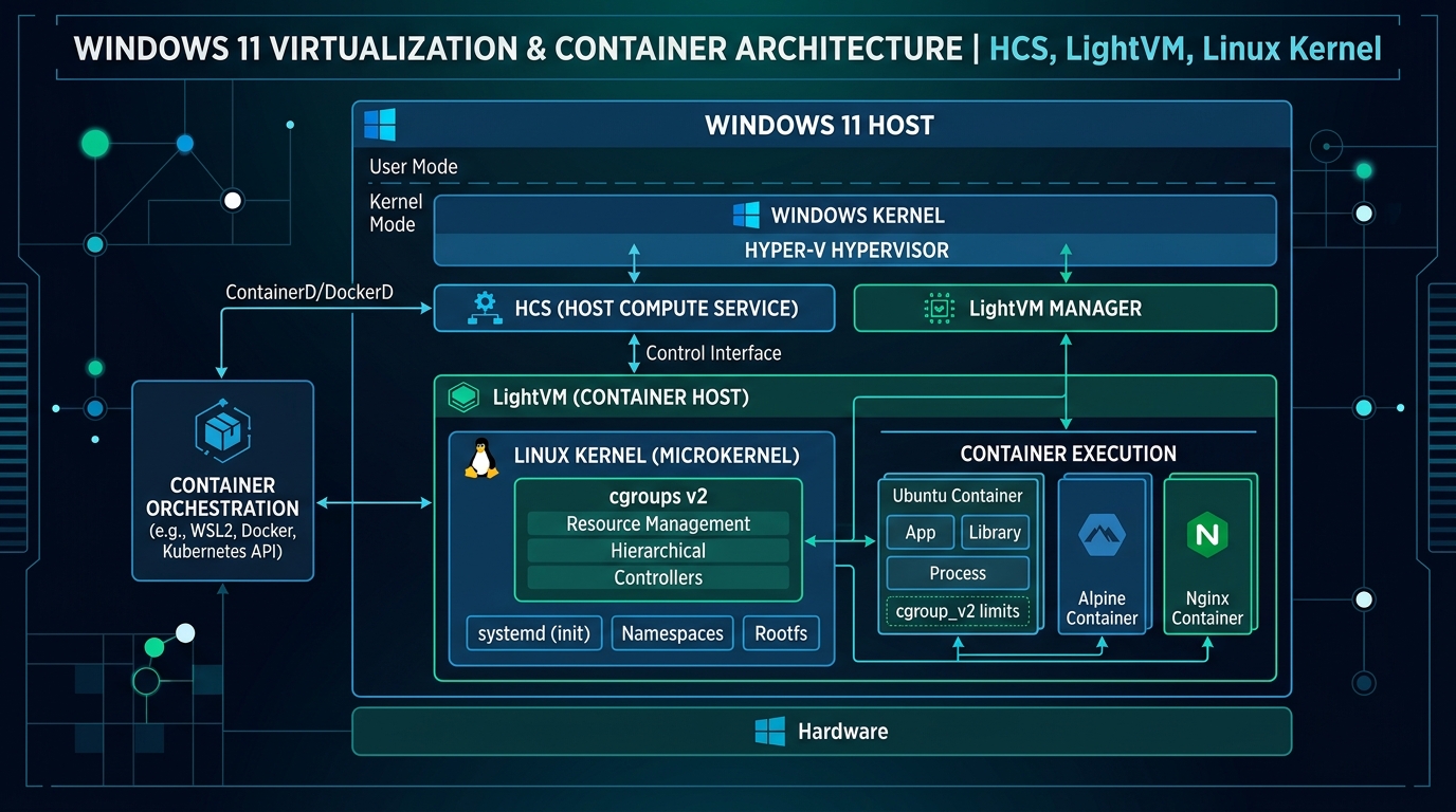 Docker on Windows WSL2 Kernel and MicroVM Architecture Diagram