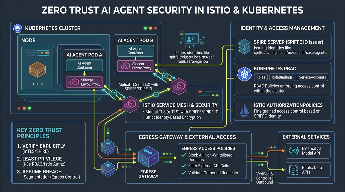 Zero Trust AI Agent Security in Istio and Kubernetes Architecture Diagram